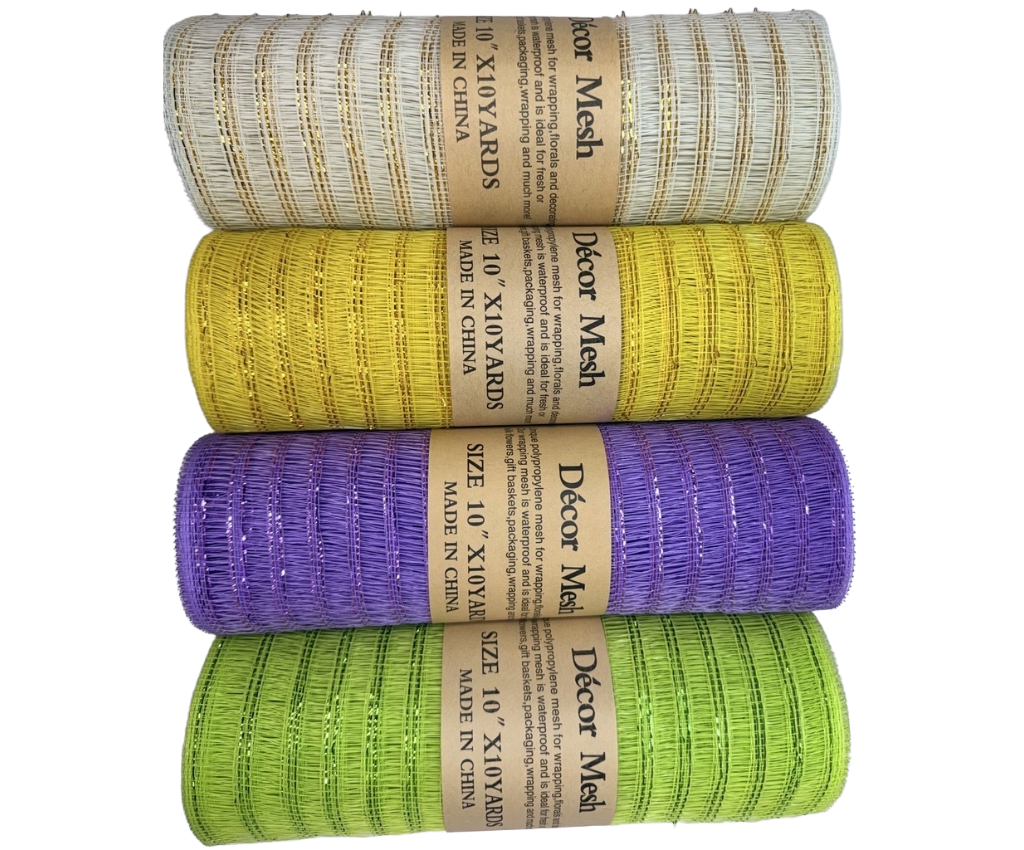 10 Inch x 10 Yards - Deco Mesh Laser Eyelash Apple Green, Ivory, Yellow & Lavender - Pack Of 4
