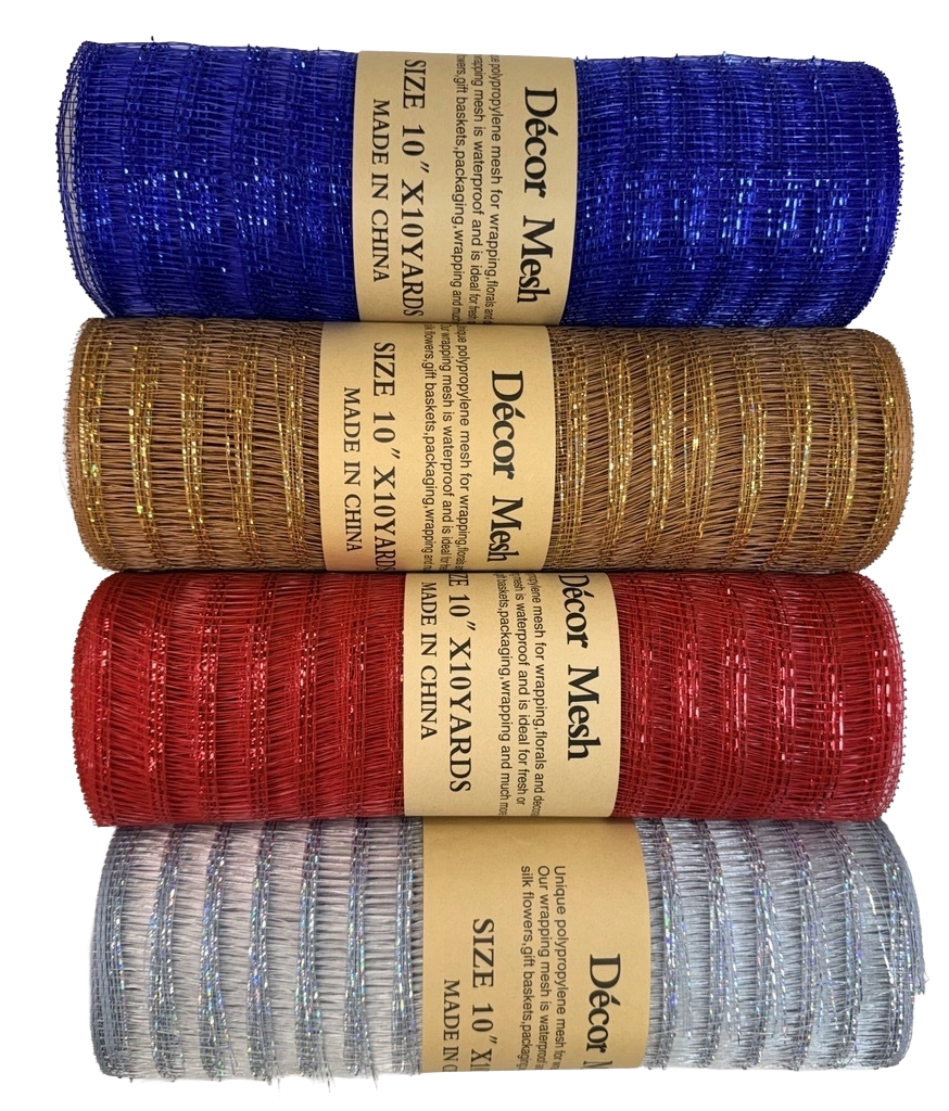 10 Inch x 10 Yards - Deco Mesh Laser Eyelash Silver, Old Gold, Red & Royal Blue - Pack Of 4