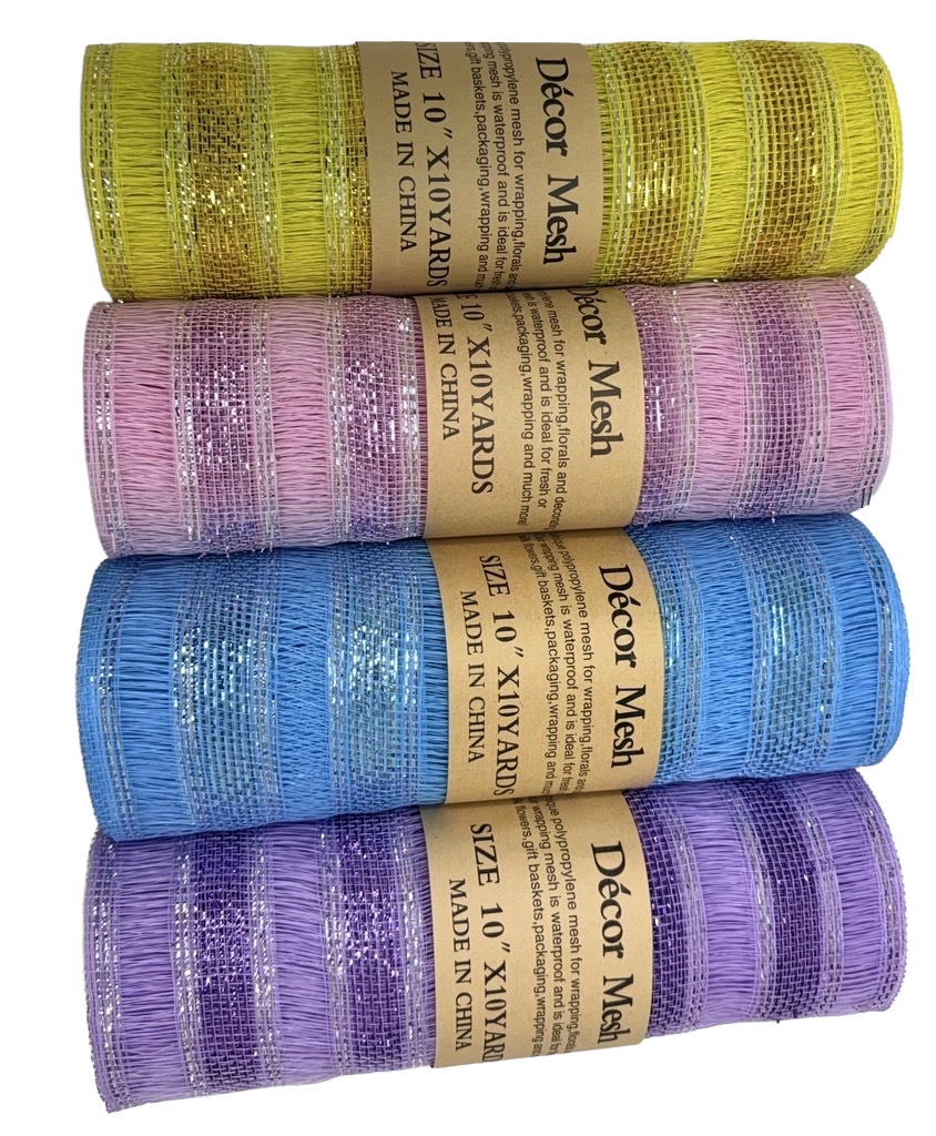10 Inch x 10 Yards Deco Mesh Eyelash Metallic Stripes Light Pink, Light Blue, Yellow & Lavender - Pack Of 4