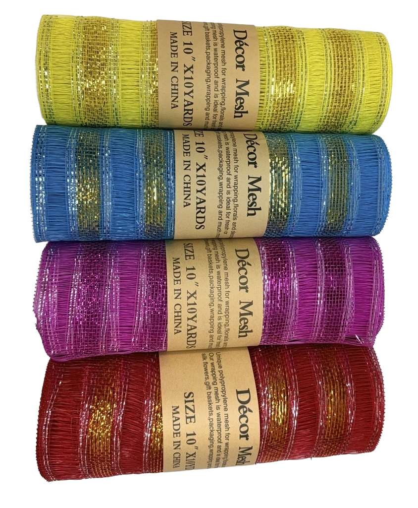 10 Inch x 10 Yards Deco Mesh Eyelash Metallic Stripes Yellow, Red, Turquoise & Hot Pink - Pack Of 4