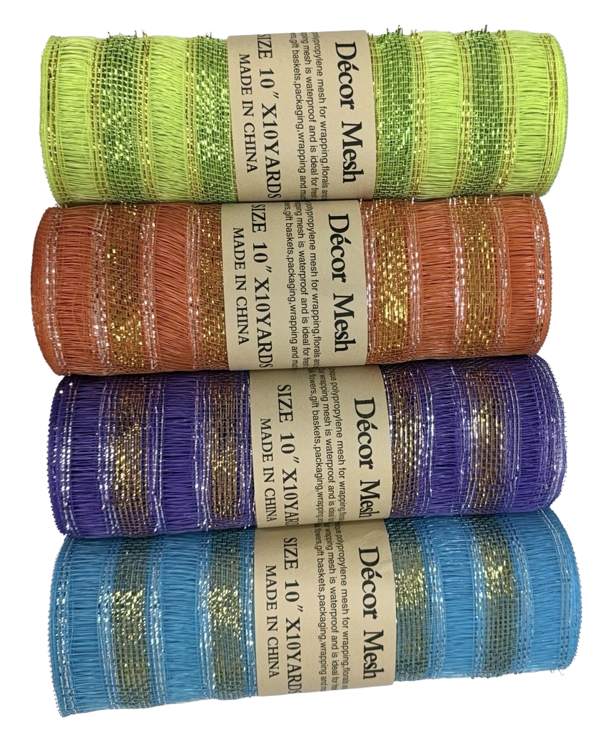 10 Inch x 10 Yards Deco Mesh Eyelash Metallic Stripes Apple Green, Orange, Purple & Turquoise - Pack Of 4