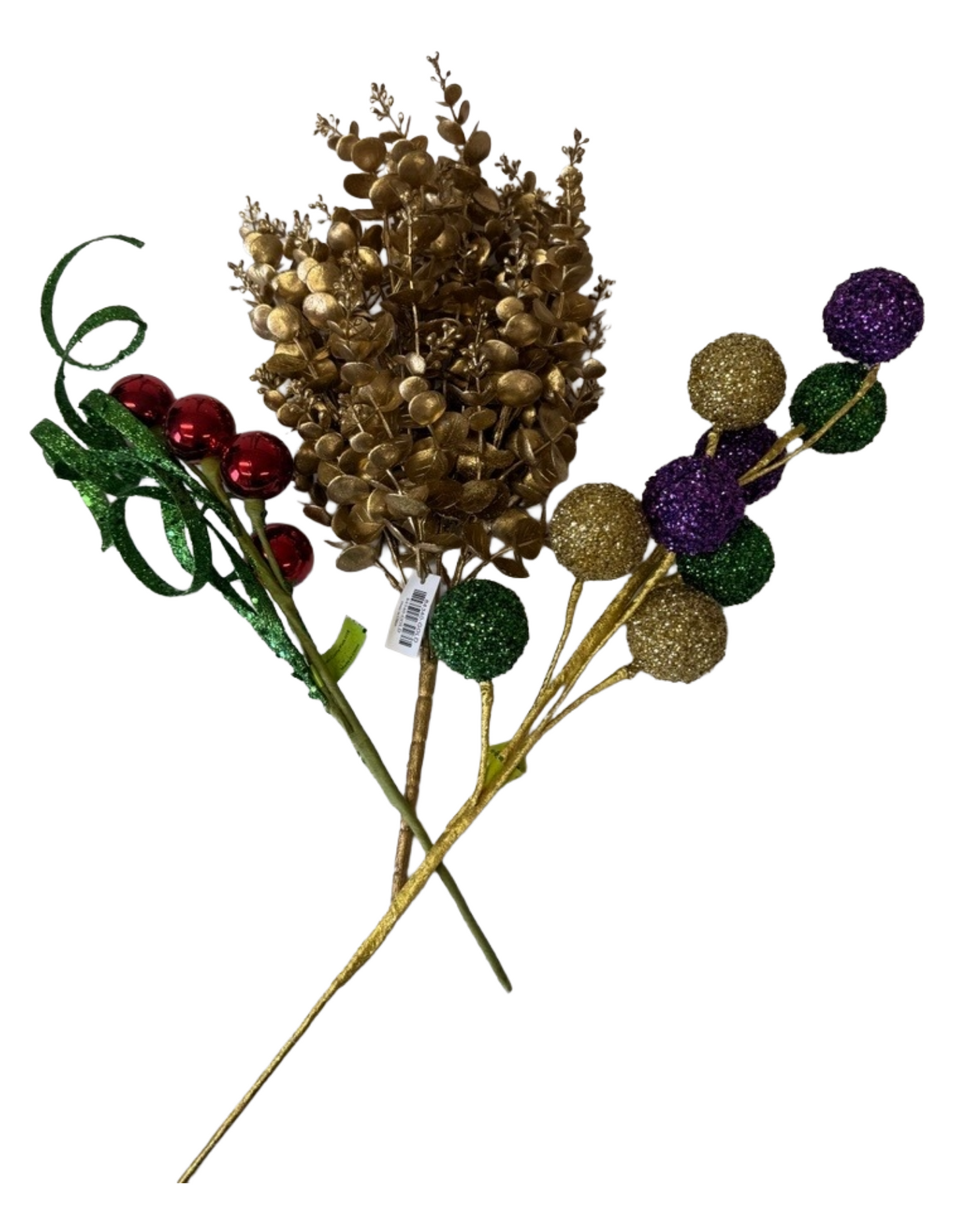 Decorative Picks & Sprays – 18" Red/Green Ball Curly Pick, 28" Sequin Ball Spray (5 Stems), 20" Gold Glitter Eucalyptus Spray - Set of 3