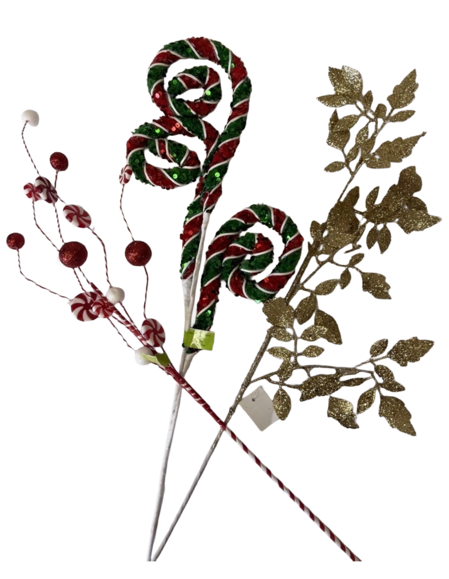 Decorative Holiday Sprays – 28" Gold Glitter Leaves Spray, 28" Red White Green Sequin Spiral Curly Spray (3 Stems), 28" Red White Peppermint Candy & Ball Spray (5 Stems) - Set of 3
