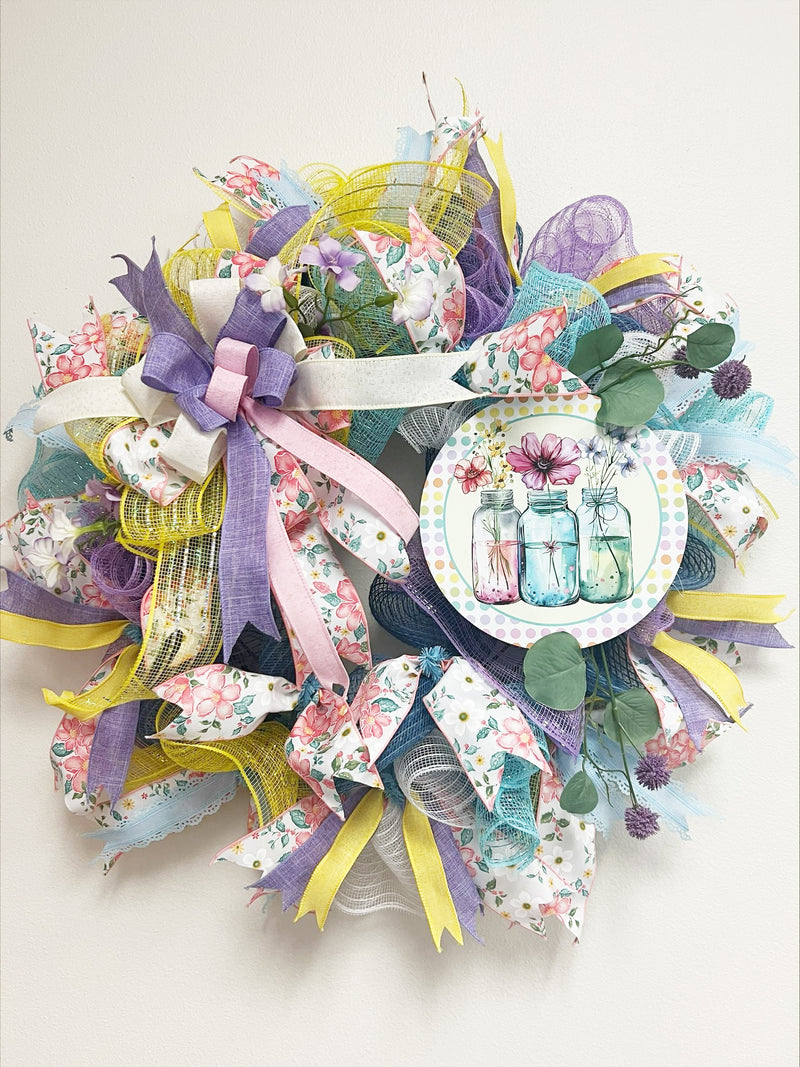 Colorful Spring Wreath with Mason Jars Sign - Made by Designer Leah