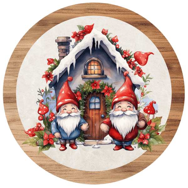 8 Inch Round Christmas Metal Sign: Christmas Gnomes - Made In USA