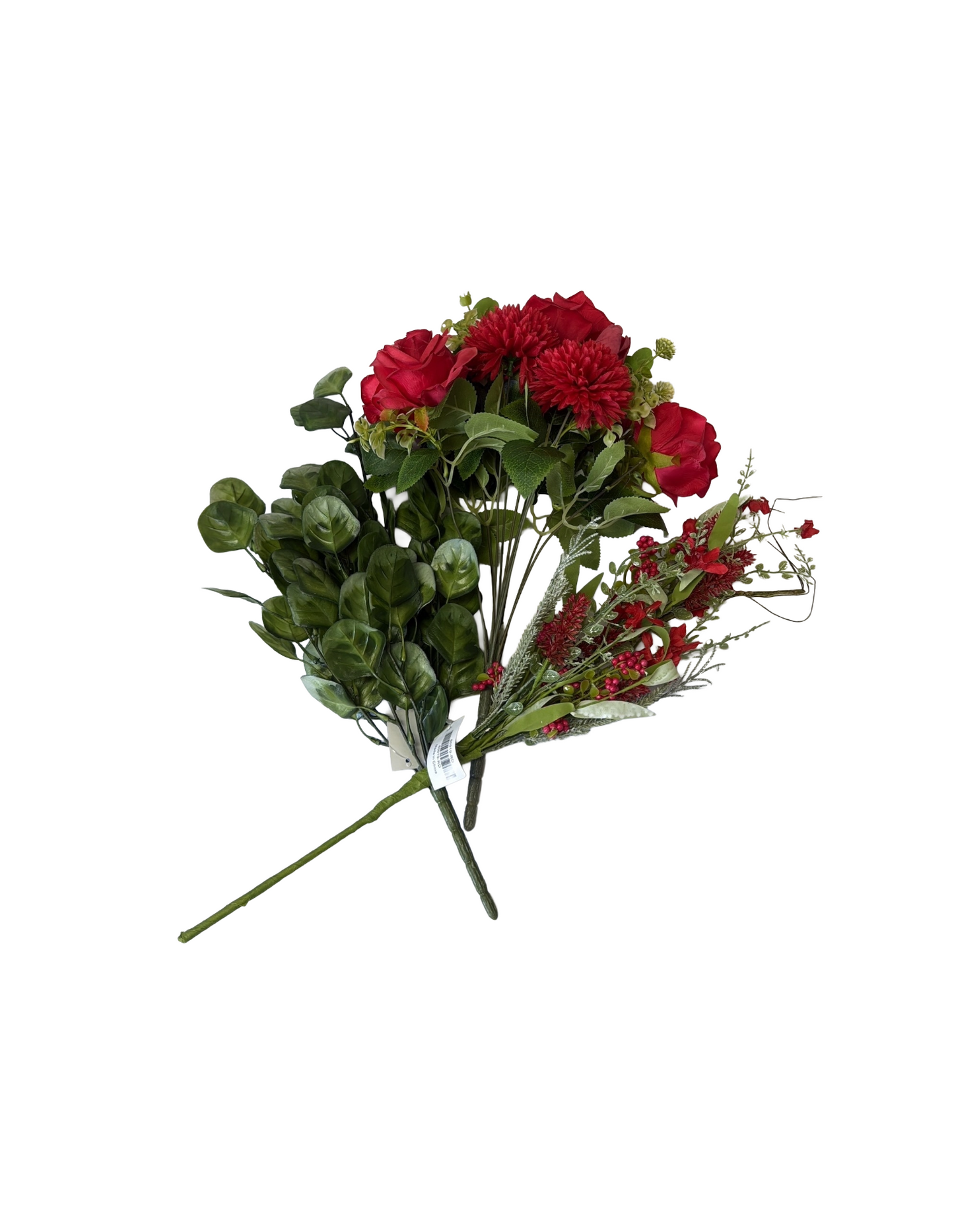 Artificial Floral Stems – 23" Red Berry Spray, 17.5" Red Rose Mum Bush (11 Stems), 20" Eucalyptus Bush (7 Stems) - Set of 3