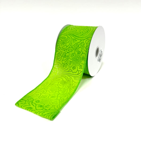 Lime Flower Embossed Wired Ribbon - 2-1/2 Inch x 10 Yards