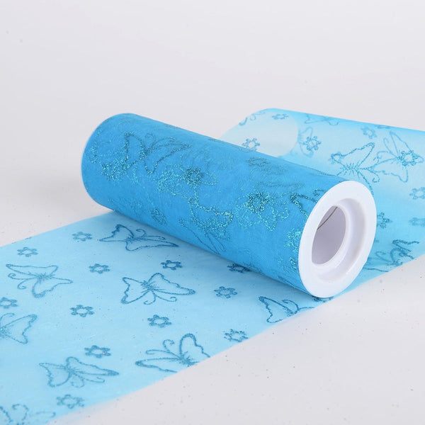 6 Inch x 10 Yards Glitter Butterfly Organza Roll - Turquoise BBCrafts.com