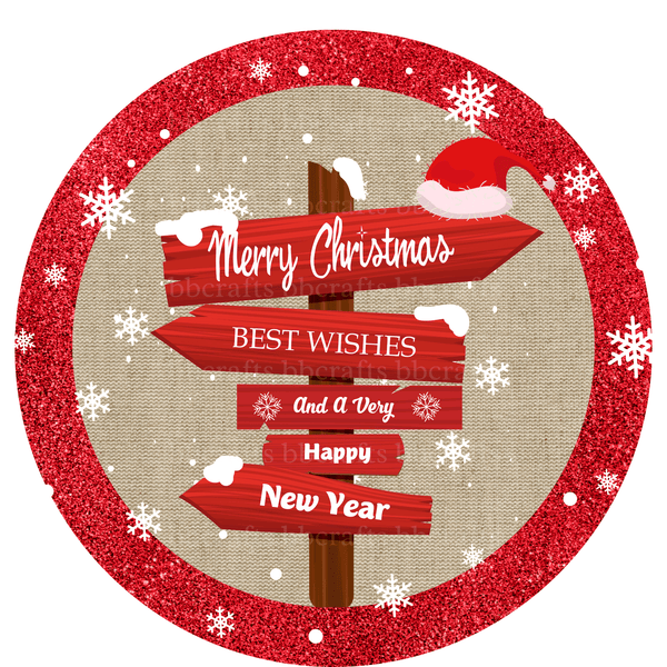 8 Inch Round Christmas Metal Sign: CHRISTMAS STREET SIGNS WITH A HAT - Wreath Accents - Made In USA