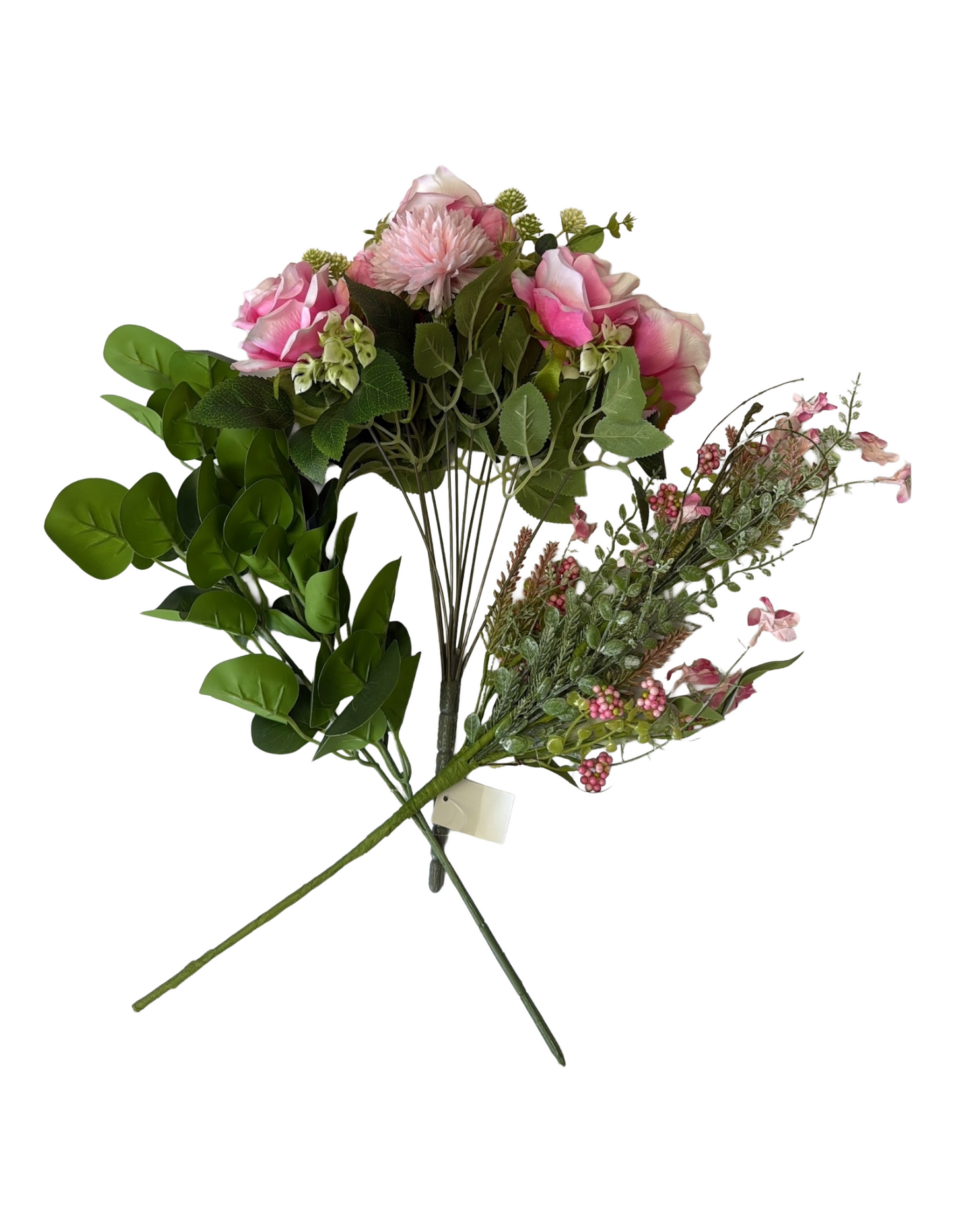 Artificial Floral Stems – 23" Hot Pink Berry Spray, 19" Green Eucalyptus Spray, 17.5" Pink Rose Mum Bush (11 Stems) - Set of 3