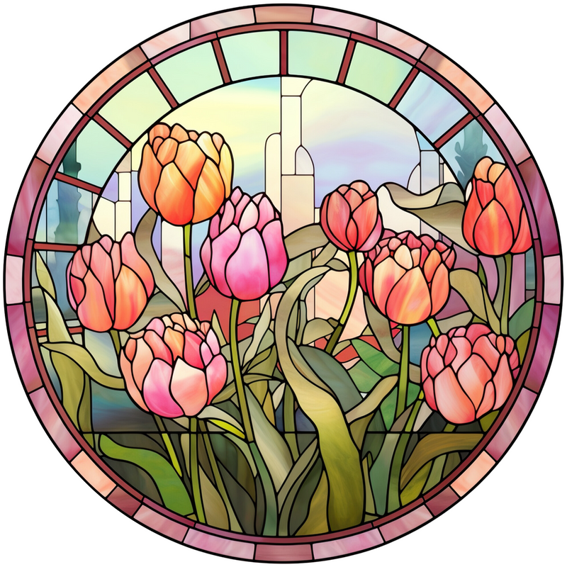 Tulips Style Stained Glass Metal Sign: Made In USA