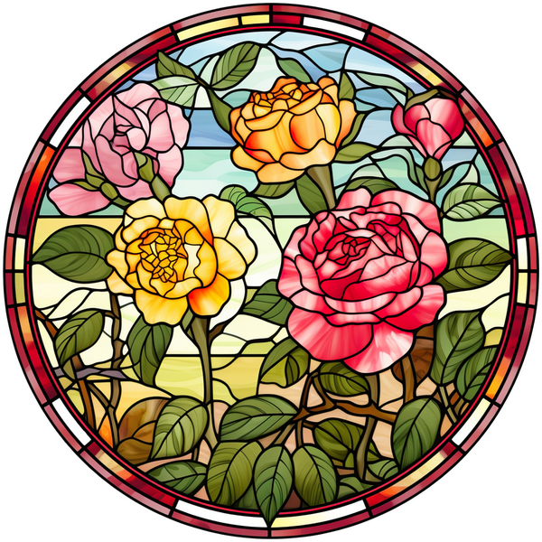 Roses Style Stained Glass Metal Sign: Made In USA