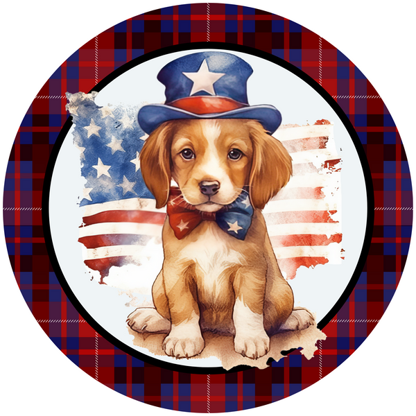 Puppy in Patriotic Hat and Bowtie Metal Sign: Made In USA