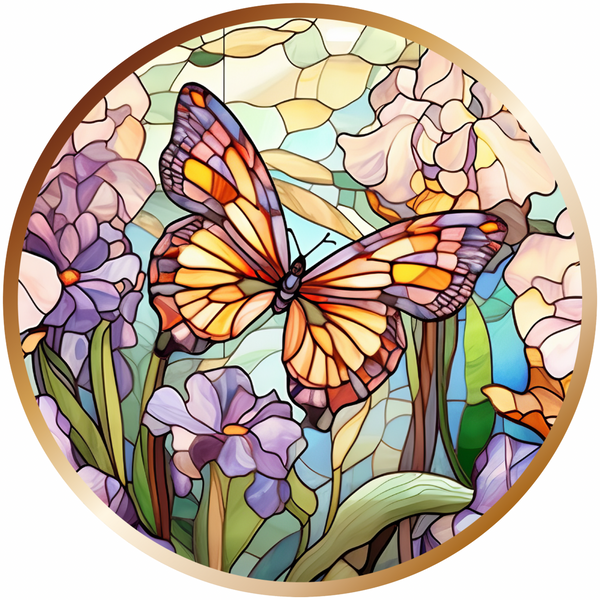 Stained Glass Butterfly and Flowers Metal Sign: Made In USA