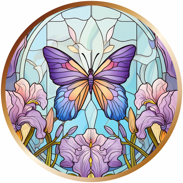 Stained Glass Butterfly and Flowers Metal Sign: Made In USA