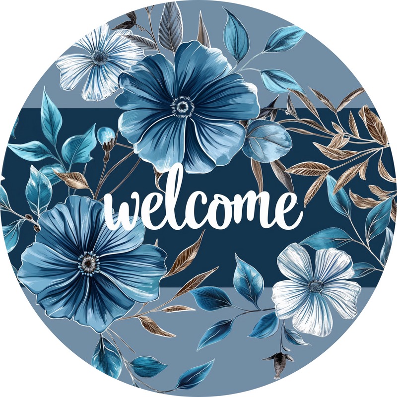 Welcome with Blue Flowers Metal Sign: Made In USA
