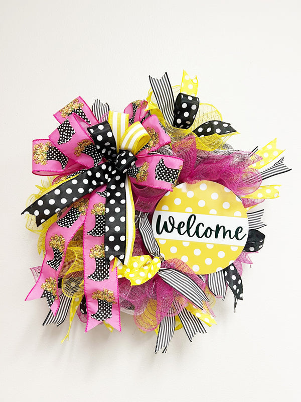 Welcome Sign Ribbon Mesh Wreath - Made By Designer Genine
