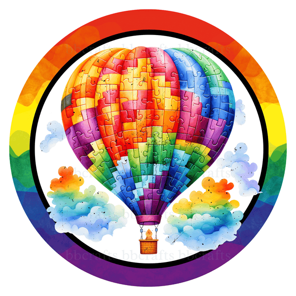 Autism Awareness Metal Sign: RAINBOW PUZZLE HOT AIR BALLOON - Wreath Accents - Made In USA BBCrafts.com