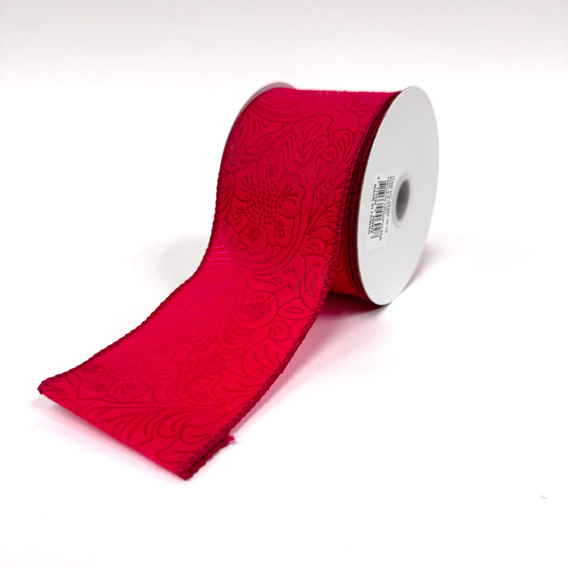 Red Flower Embossed Wired Ribbon - 2-1/2 Inch x 10 Yards