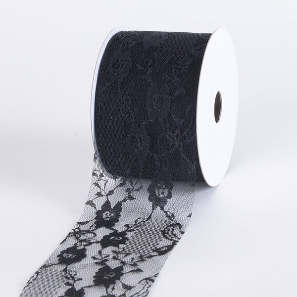 Black - Floral Lace Ribbon - ( 2 - 1/2 Inch | 25 Yards ) BBCrafts.com