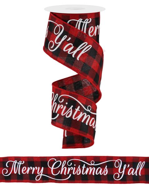Black Red White - Merry Christmas Y'All On Woven Wired Edge Ribbon - ( 2-1/2 Inch | 10 Yards ) BBCrafts.com