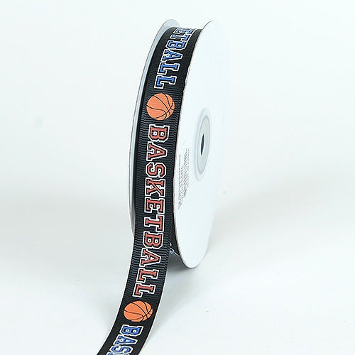 Black Ribbon with Basketball - Grosgrain Ribbon Sports Design - ( W: 3/8 inch | L: 25 Yards )