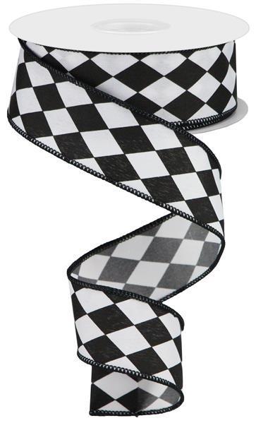 Black& White - Harlequin Wired Edge Ribbon - ( 1-1/2 Inch | 10 Yards ) BBCrafts.com