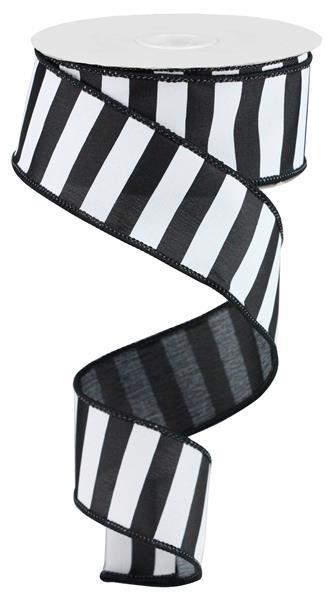 Black White - Medium Horizontal Stripe Wired Edge Ribbon - ( 1-1/2 Inch | 10 Yards ) BBCrafts.com