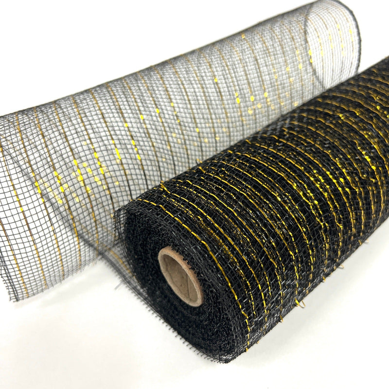 Black with Gold - Deco Mesh Wrap Metallic Stripes - ( 10 Inch x 10 Yards ) BBCrafts.com