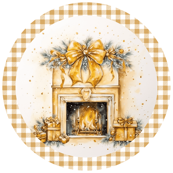 Christmas Metal Sign: GOLDEN CHECK FIREPLACE - Wreath Accents - Made In USA BBCrafts.com