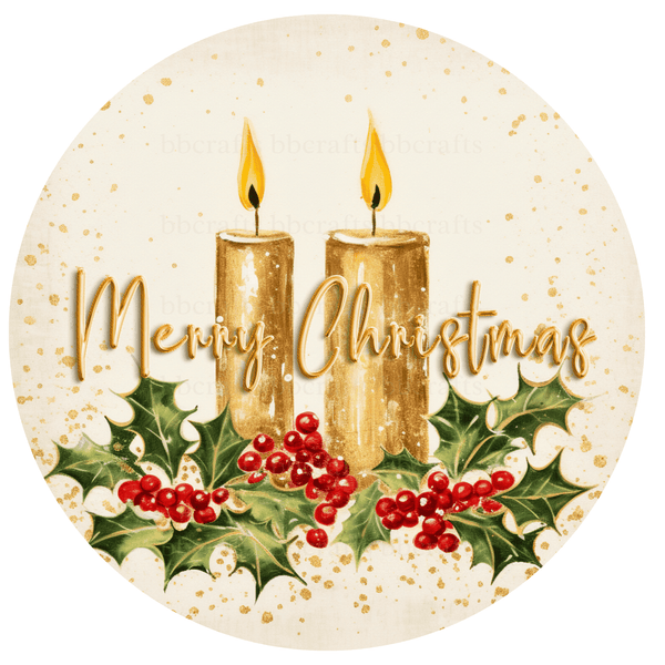 Christmas Metal Sign: GOLDEN CHRISTMAS CANDLES - Wreath Accents - Made In USA BBCrafts.com