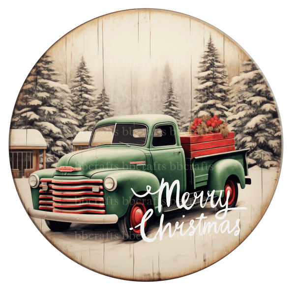 Christmas Metal Sign: MERRY CHRISTMAS TRUCK - Wreath Accents - Made In USA BBCrafts.com