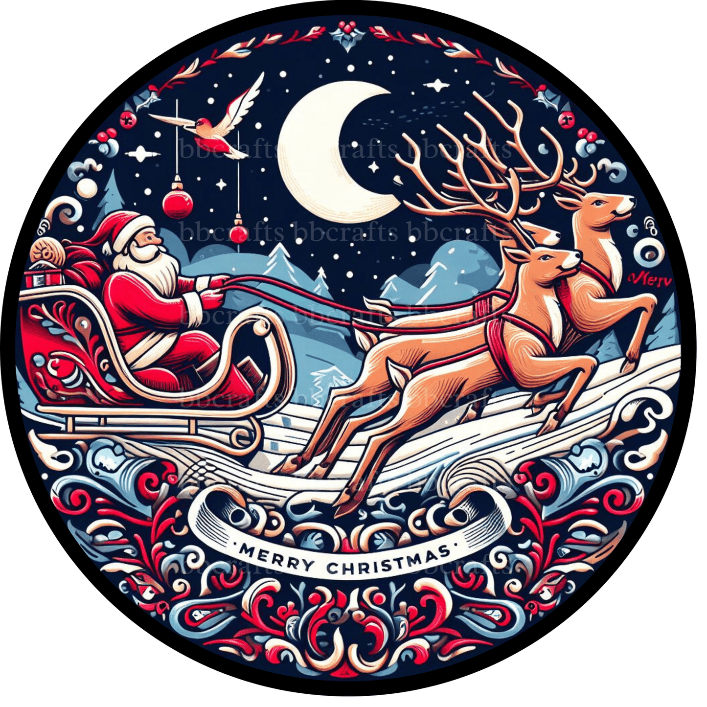 Christmas Santa Sleigh Flying Metal / Vinyl Sign - Made in USA