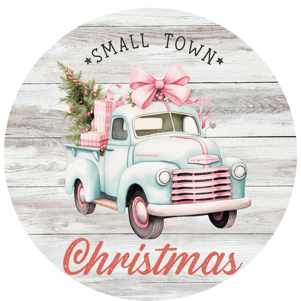 Christmas Metal Sign: SMALL TOWN TRUCK - Wreath Accents - Made In USA BBCrafts.com