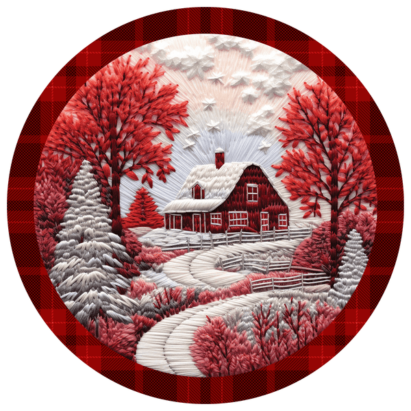Christmas Metal Sign: WINTER SNOW HOUSE RED - Wreath Accent - Made In USA BBCrafts.com