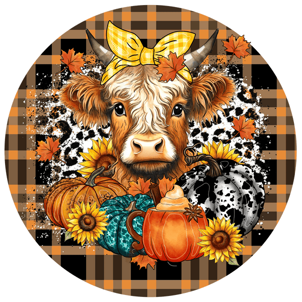 Fall Metal Sign: COW WITH PUMPKIN - Wreath Accent - Made In USA BBCrafts.com
