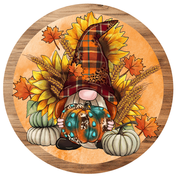 Fall Metal Sign: HIPPIE GNOME WITH PUMPKIN - Wreath Accent - Made In USA BBCrafts.com