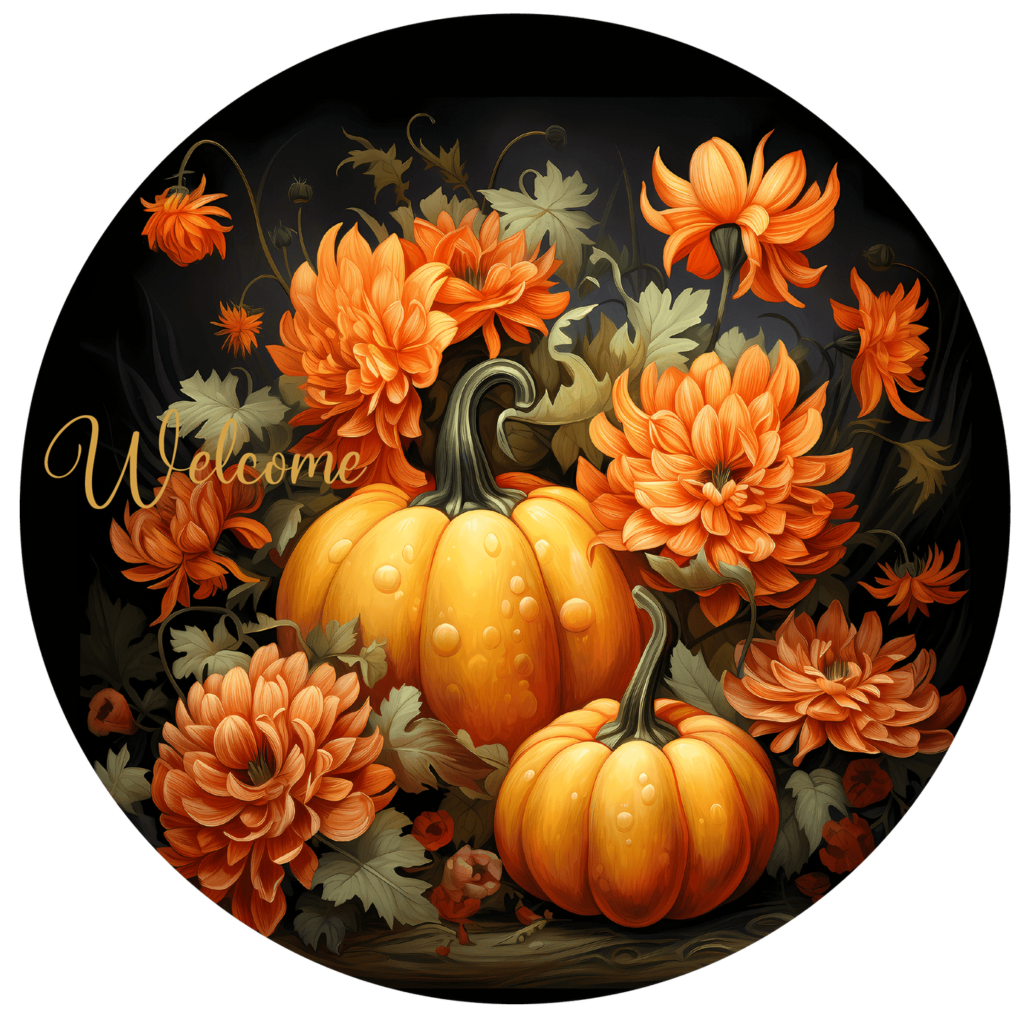 Welcome Pumpkin with Flower Metal / Vinyl Sign - Made in USA