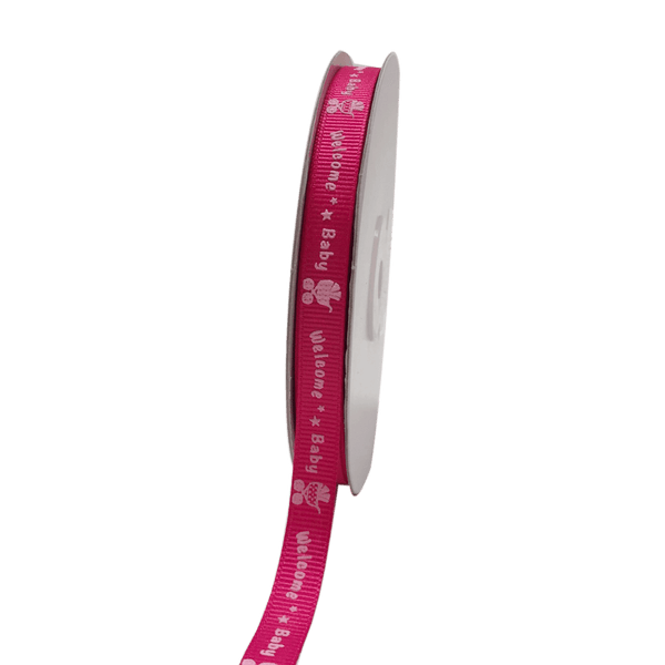 Fuchsia - Welcome Baby - Grosgrain Ribbon Baby Design ( W: 3/8 Inch | L: 25 Yards ) BBCrafts.com