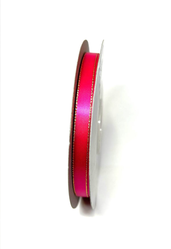 Satin Ribbon Lurex Edge Shocking Pink with Gold Edge 3/8 Inch | 50 Yards