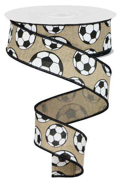 Glitter Soccer Burlap Design Wired Edge Ribbon - ( 1-1/2 Inch | 10 Yards ) BBCrafts.com
