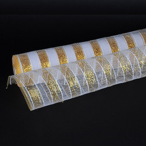 Gold with White - Poly Deco Mesh Wreath Material with Laser Mono Stripe - ( 21 Inch x 10 Yards ) BBCrafts.com