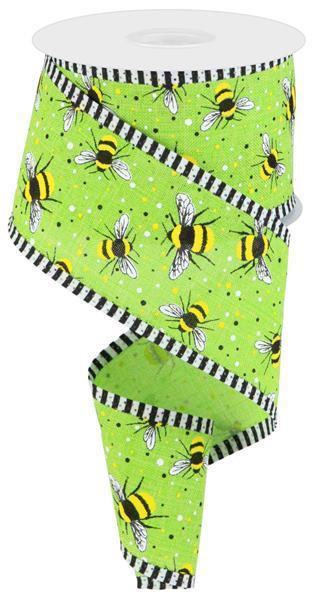 Green - Flying Bumble Bees Spring Wired Edge Ribbon - ( 2-1/2 Inch | 10 Yards ) BBCrafts.com