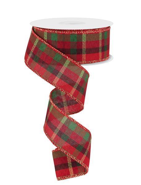 Green Red Burg Gold - Plaid Wired Edge Ribbon - ( 1-1/2 Inch | 10 Yards ) BBCrafts.com