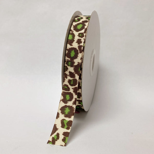 Grosgrain Ribbon Animal Print Fuzzy Leopard Green ( W: 5/8 Inch | L: 25 Yards ) BBCrafts.com