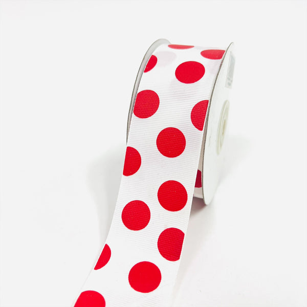 Grosgrain Ribbon Jumbo Dots White with Red Dots ( W: 1 - 1/2 Inch | L: 25 Yards ) BBCrafts.com