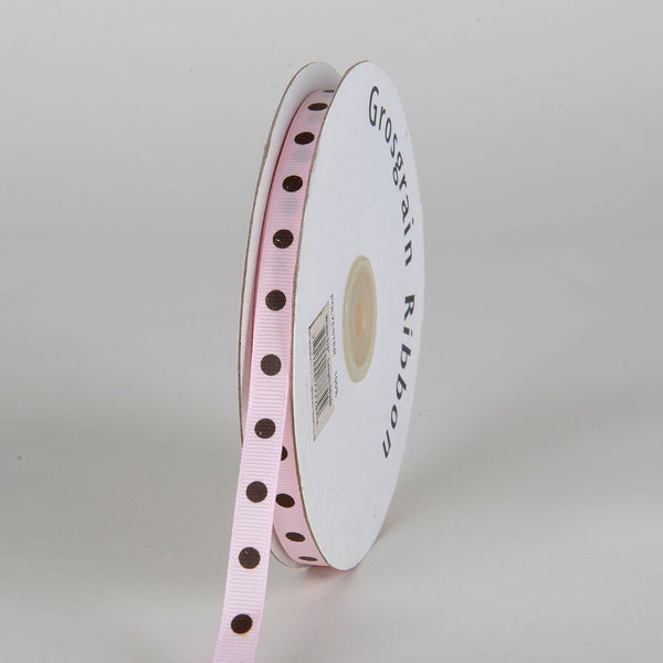 Grosgrain Ribbon Polka Dot Light Pink with Chocolate Dots ( W: 3/8 Inch | L: 50 Yards ) BBCrafts.com