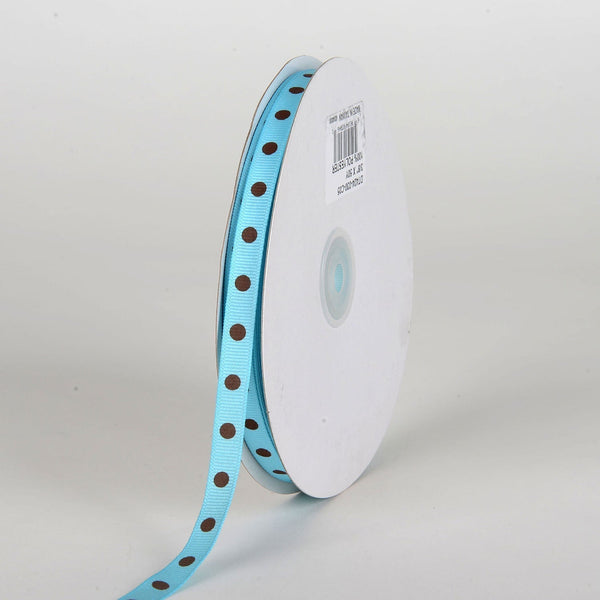 Grosgrain Ribbon Polka Dot Turquoise with Brown Dots ( W: 3/8 Inch | L: 50 Yards ) BBCrafts.com