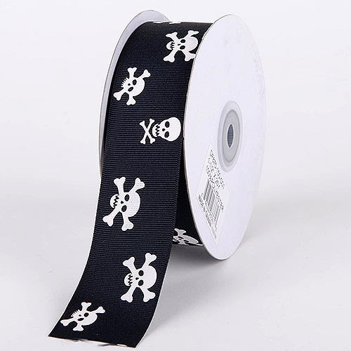 Grosgrain Ribbon Skull Design Black with Solid White Skull 3/8 Inch | 25 Yards