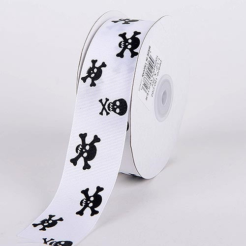 Grosgrain Ribbon Skull Design White with Solid Black Skull ( 5/8 Inch | 25 Yards ) BBCrafts.com